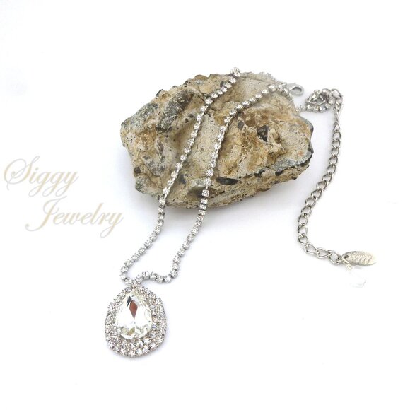Bridal Pendant Necklace, Large Center Pear Crystal with Sparkling Double Halo - Picture 4 of 6